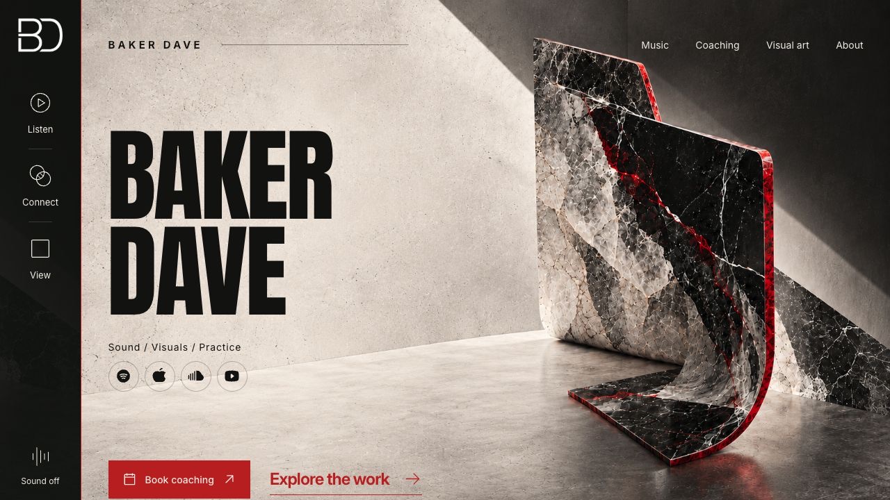 Baker Dave artist homepage with bold black typography, white marble sculpture, and a red accent.