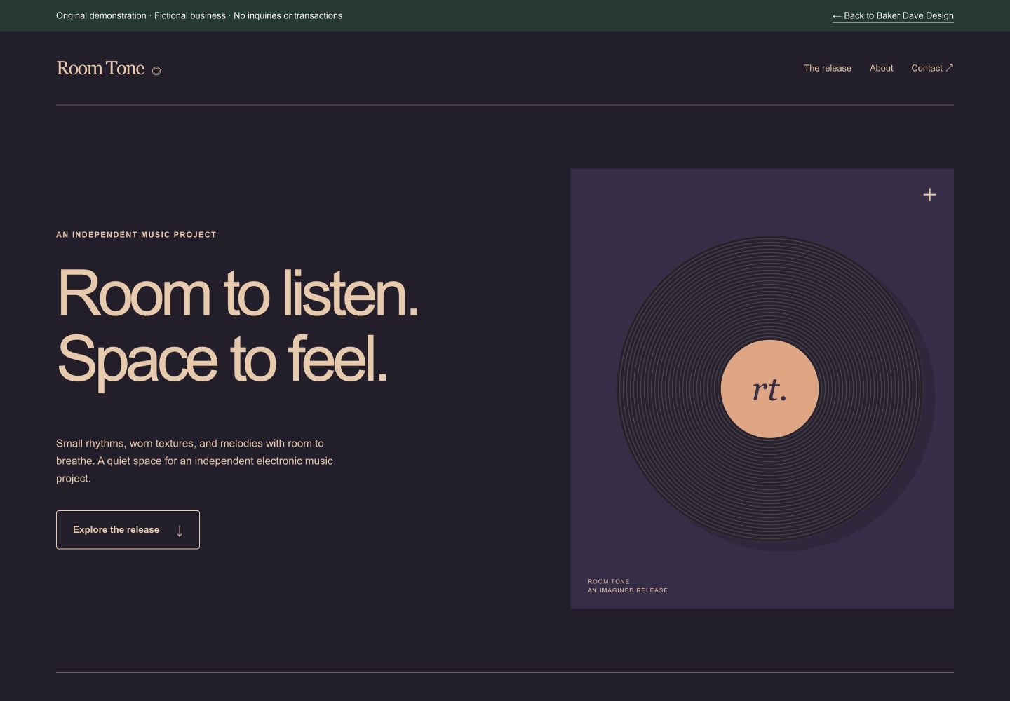 Room Tone demonstration homepage, showing the actual page design and layout.
